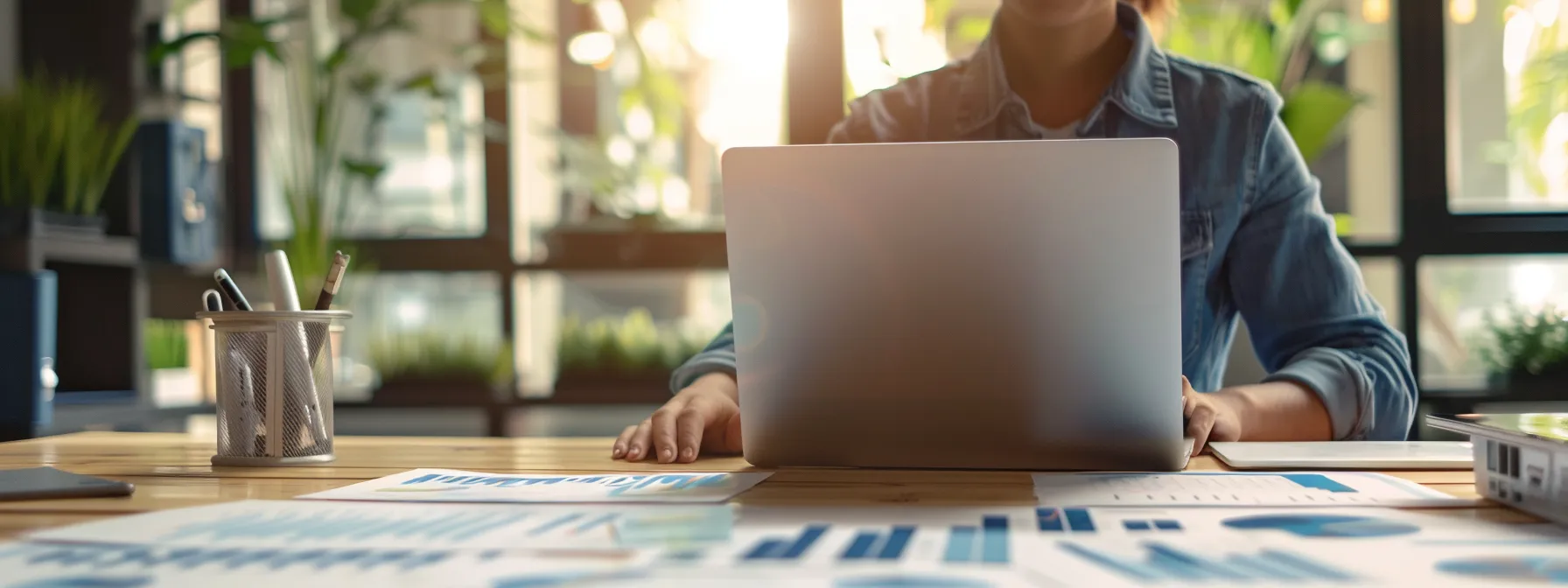a sharply focused urban office scene depicts a professional consultant analyzing hvacr contractor bond costs on a sleek laptop, surrounded by charts and graphs that illustrate varied pricing factors like credit scores and regional differences.