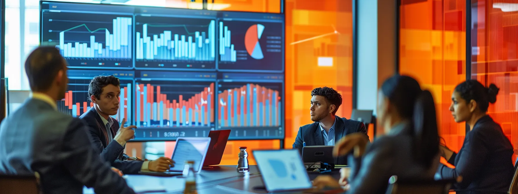 a sleek, modern conference room featuring a diverse group of professionals engaged in a lively discussion over pricing strategies for surety bonds, with digital screens displaying graphs and data on hvacr bond rates in a polished, corporate environment.