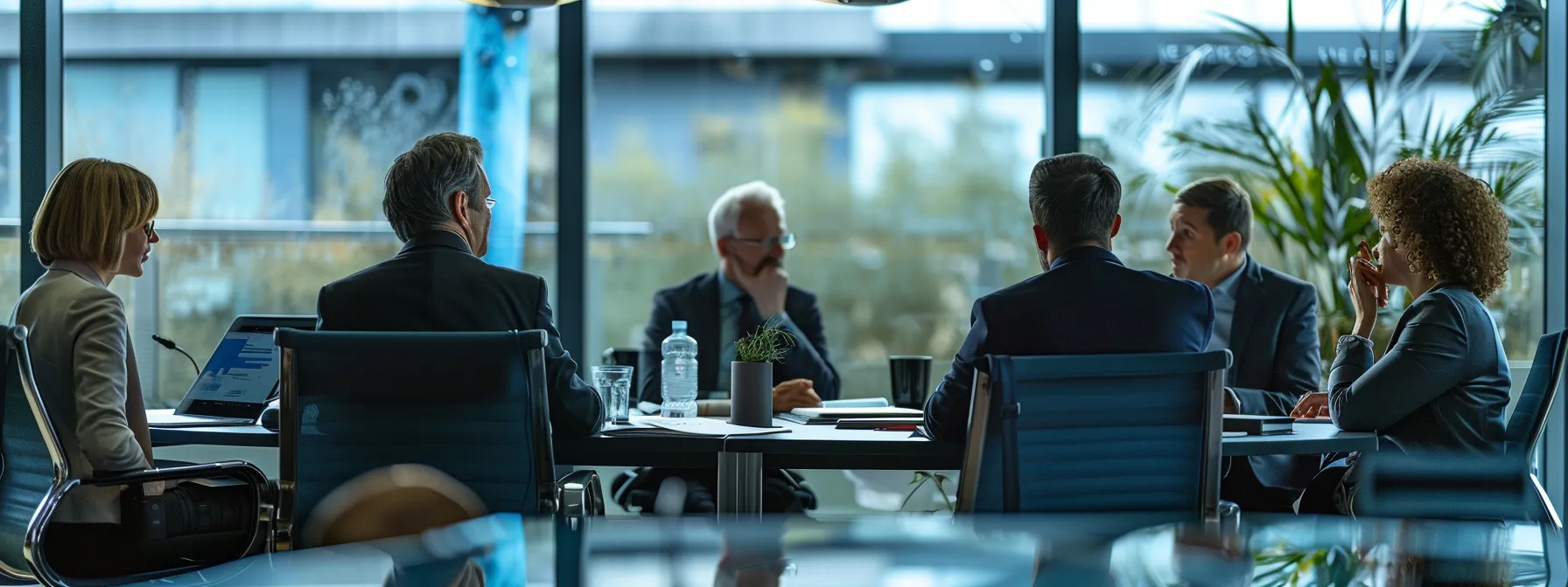 a sleek, modern office conference room showcases a diverse group of professionals engaged in a discussion, with documents and digital devices displaying north carolina bond requirements prominently, highlighting the seriousness of financial compliance and security.