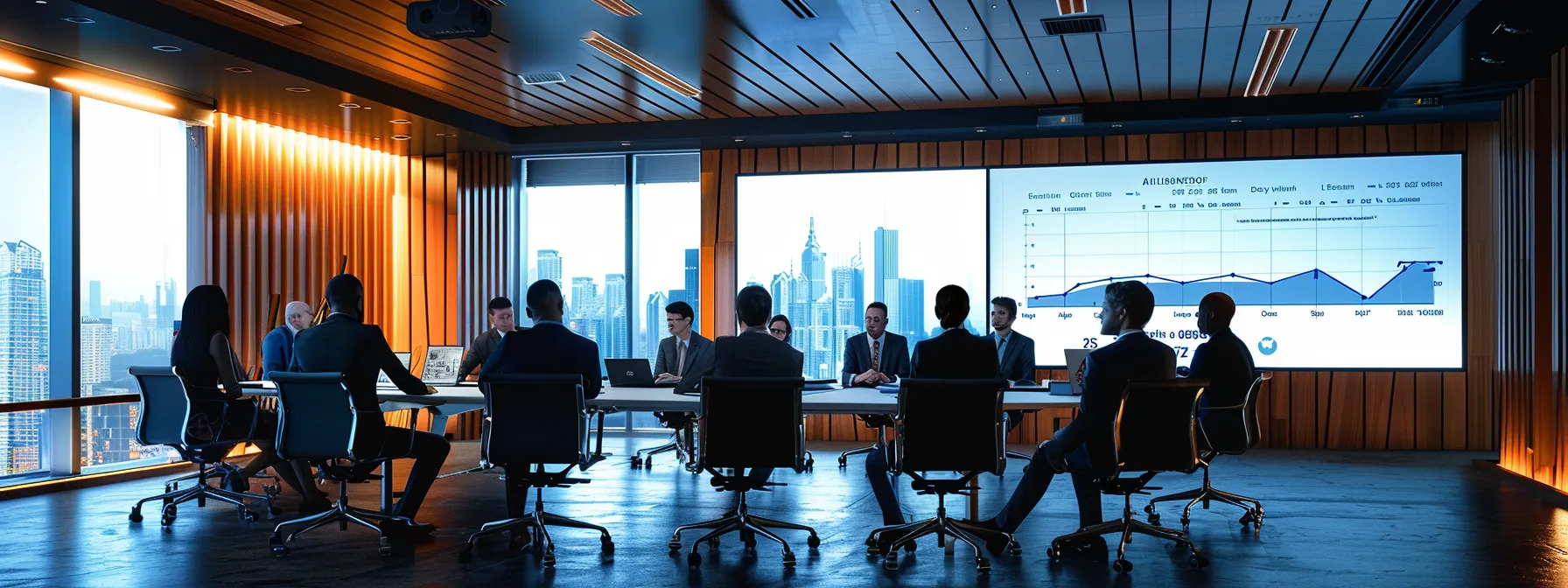 a sleek, modern office conference room is filled with engaged professionals discussing detailed graphs and charts on a digital screen, representing the complexities of liquor bond pricing across different states.