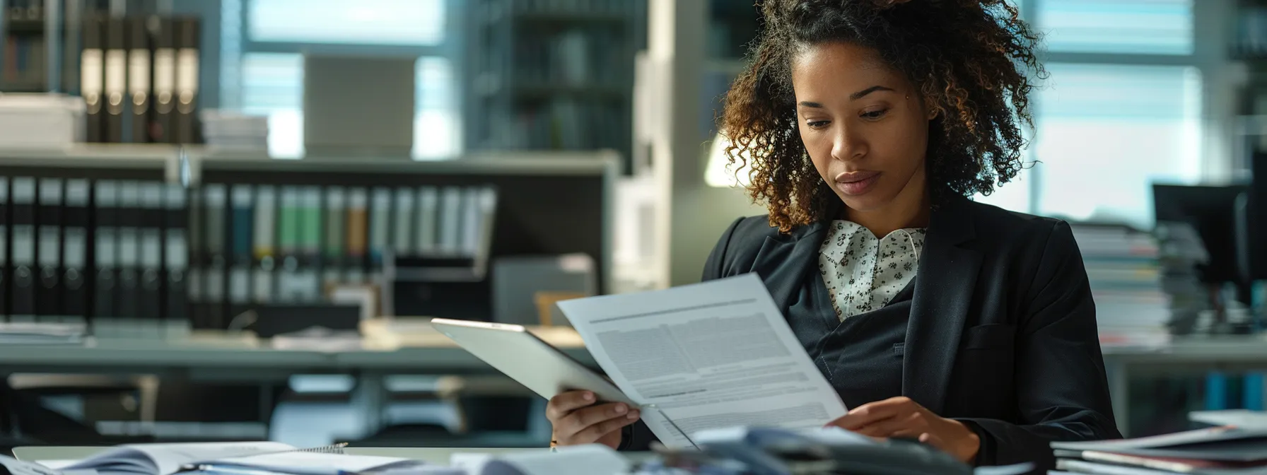 a sleek, modern office environment features a focused professional examining louisiana auto title bond documentation on a digital tablet, surrounded by organized stacks of files and a large screen displaying key data points related to title bond processes and regulations.
