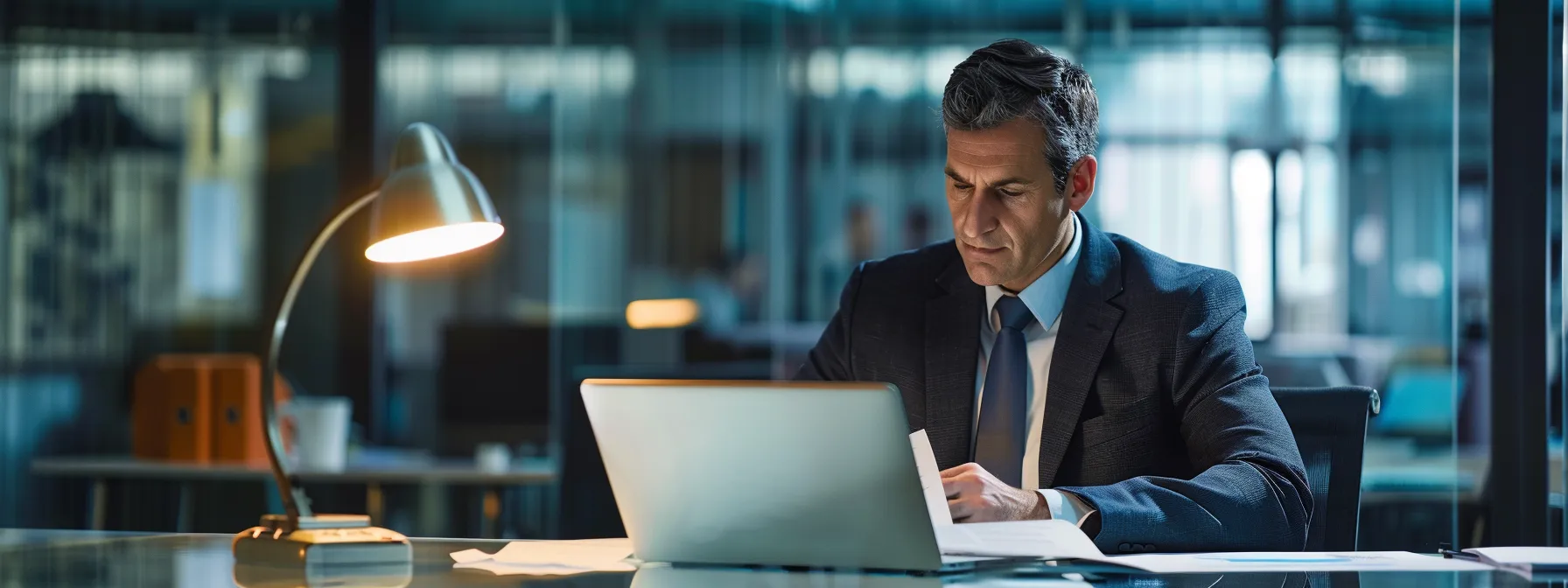 a sleek, modern office environment features a focused private detective reviewing a digital bond document on a laptop, symbolizing accountability and ethical operations in nebraska's investigative industry.