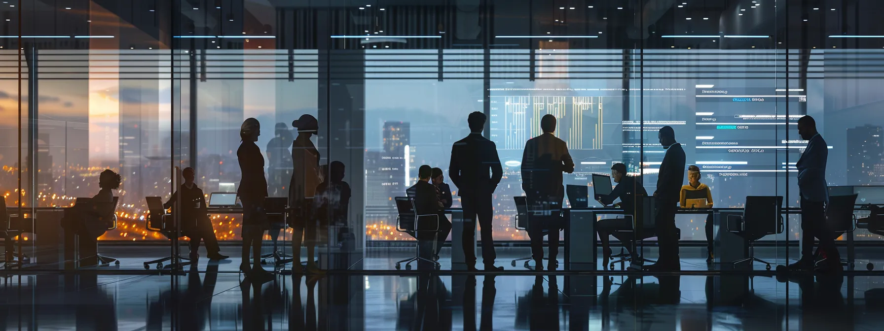 a sleek, modern office setting showcases a diverse team of professionals gathered around a digital presentation displaying graphs and data on installation bond rates for mobile homes, with a city skyline visible through large windows, emphasizing informed decision-making in a dynamic financial landscape.