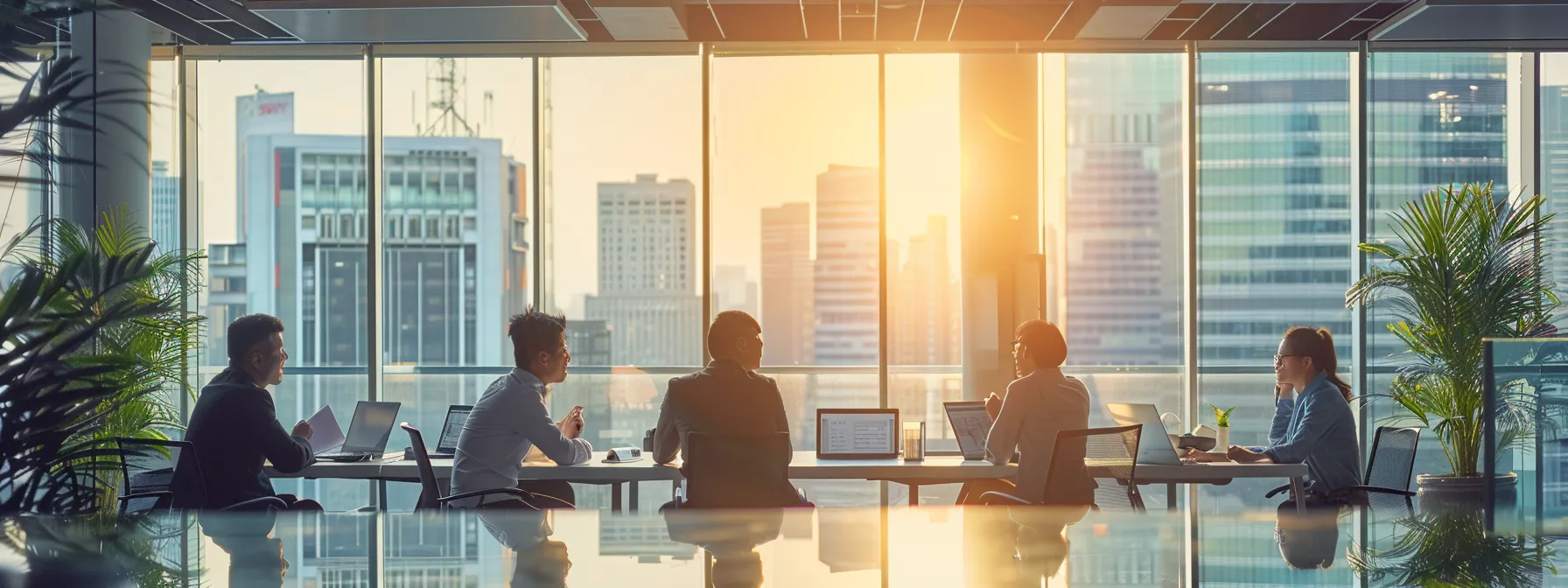 a sleek, modern office setting showcases a diverse group of professionals engaged in a focused discussion, with documents and digital devices depicting their search for trusted surety bond providers amidst vibrant cityscape views through large glass windows.