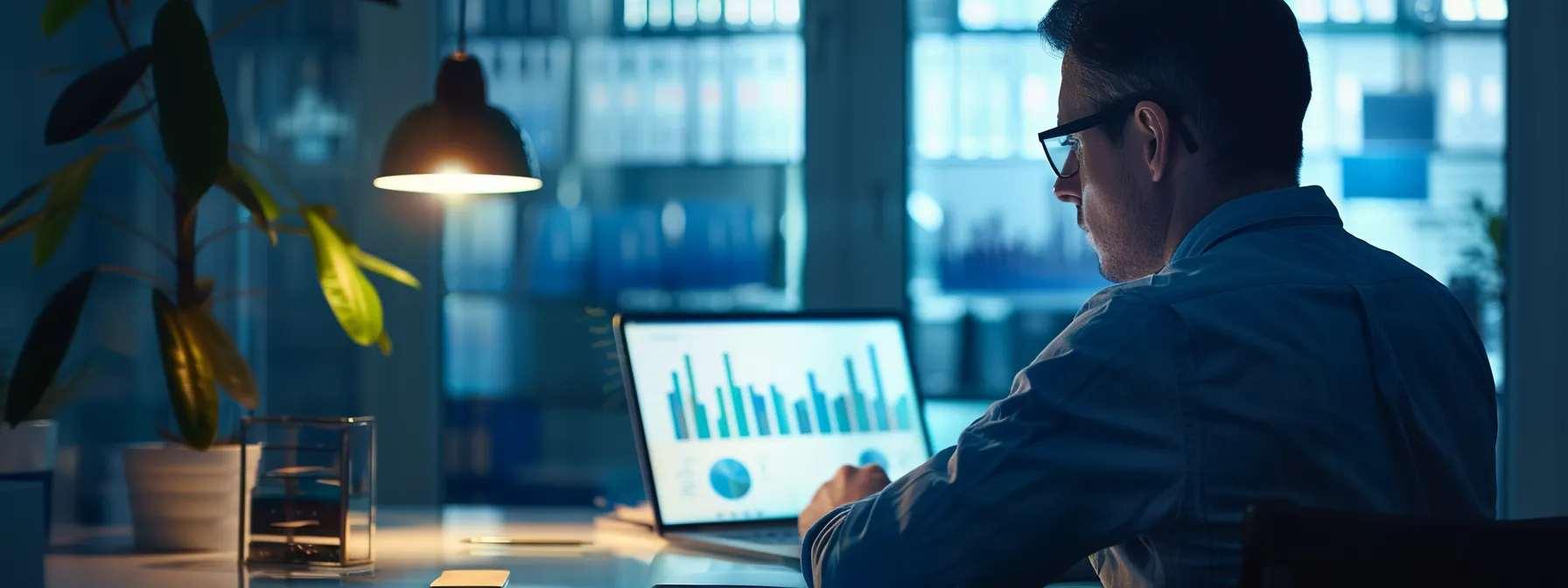 a sleek, modern office setting showcases an hvac contractor reviewing detailed bond application documents on a laptop, surrounded by charts and graphs illustrating processing times and state comparisons, illuminated by focused overhead lighting for a professional atmosphere.