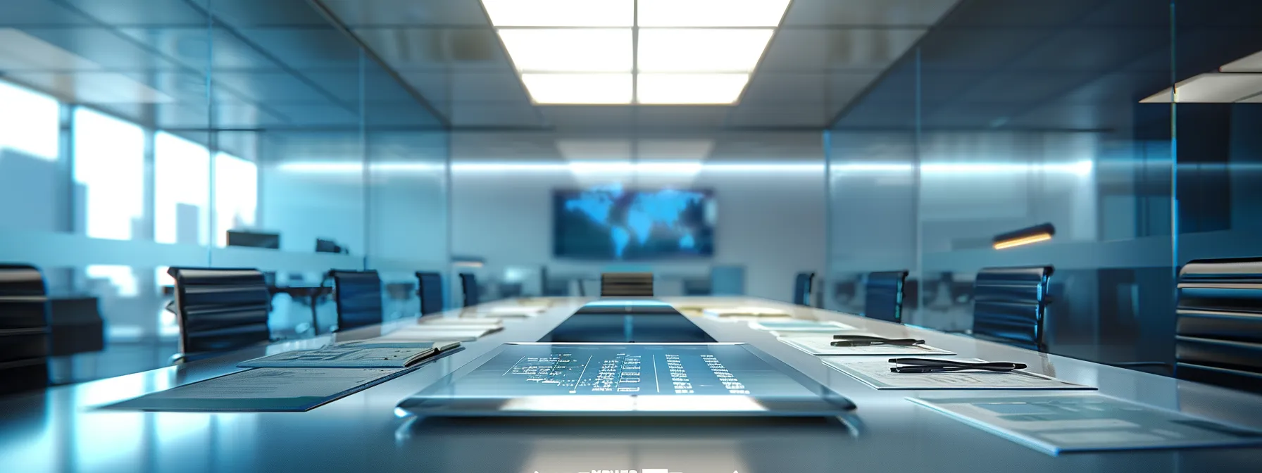 a sleek, modern office space with a large table covered in resource documents and a digital tablet displaying interactive maps of north carolina, illuminated by sharp overhead lighting to emphasize the theme of collection agency resources and professional guidance.