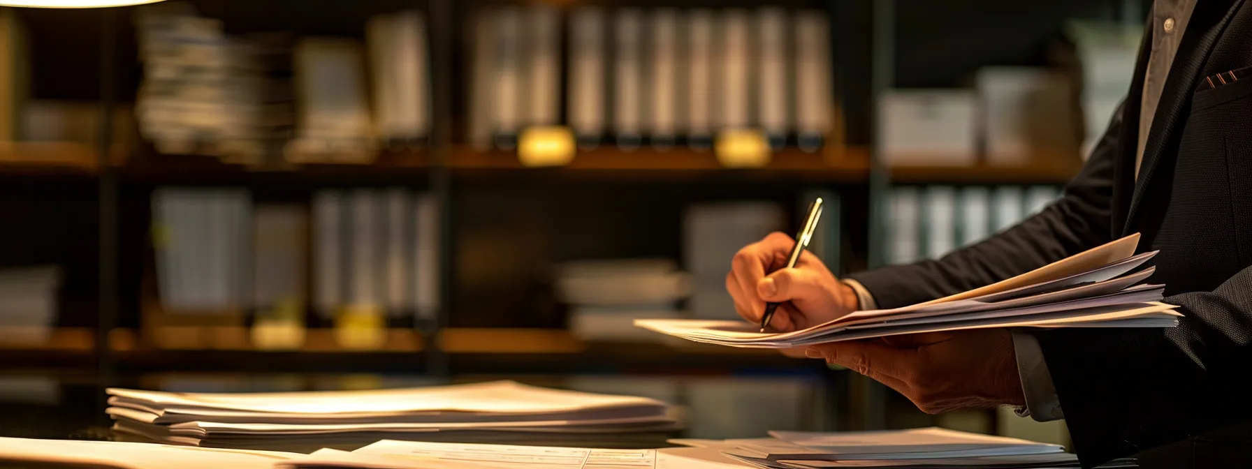 a sleek office environment features a focused distributor reviewing a neatly organized stack of documents and the iowa tobacco bond application form, illuminated by soft, artificial lighting that highlights the professionalism and attention to detail in the cigarette distribution process.