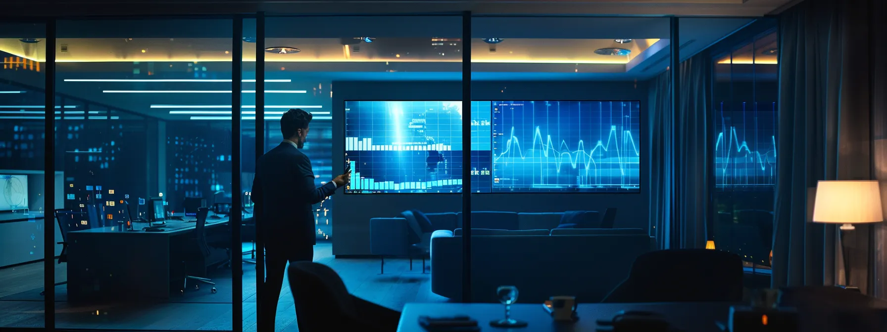 a sleek office environment features a professional discussing bond application strategies, with a digital display showcasing key points such as credit scores and underwriting challenges, illuminated by cool, focused lighting to emphasize urgency and clarity.