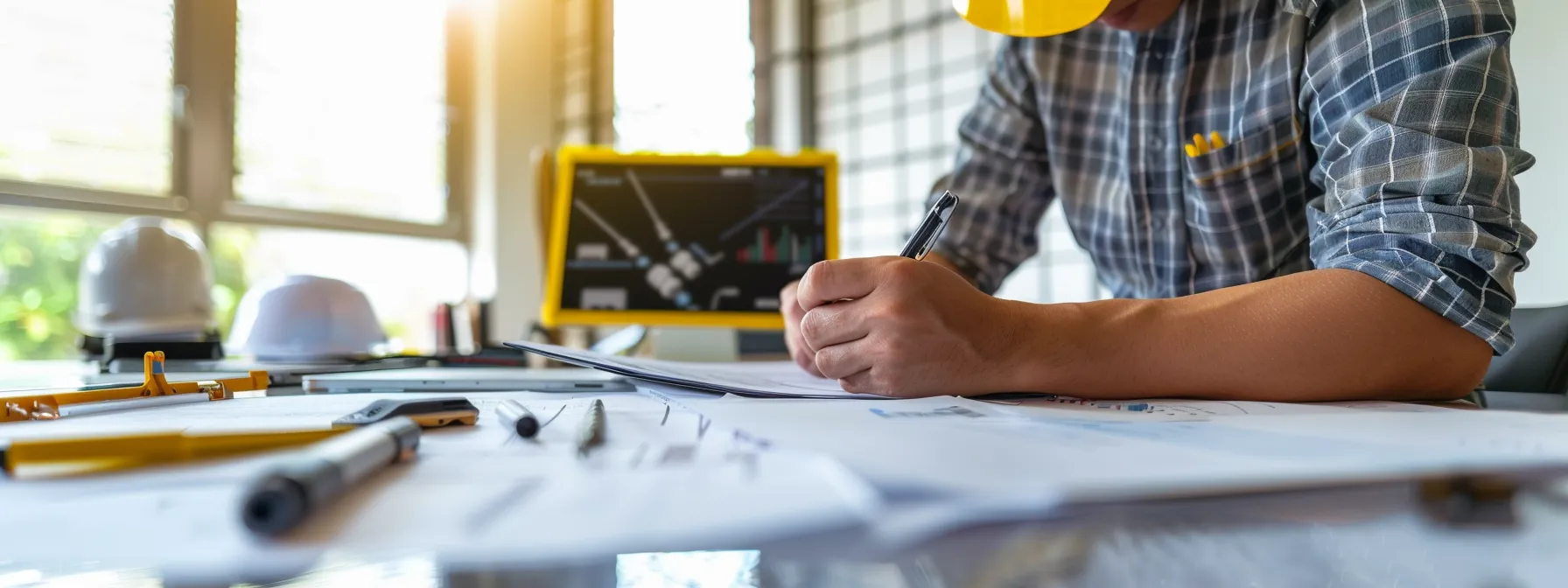 a sleek office environment showcases a focused contractor reviewing hvacr bond documents on a modern desk, surrounded by clear organizational tools, with a digital display of the bond application process in the background.