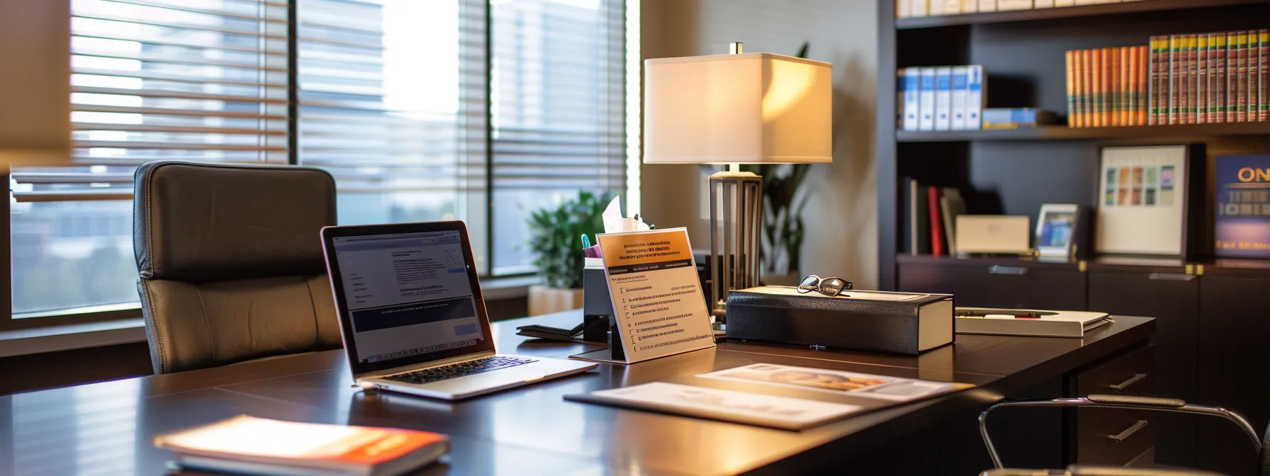a sleek office workspace features an organized desk with a laptop displaying regulatory sites, alongside colorful brochures about alcoholic beverage tax bonds and licensing requirements, illuminated by soft, focused overhead lighting.