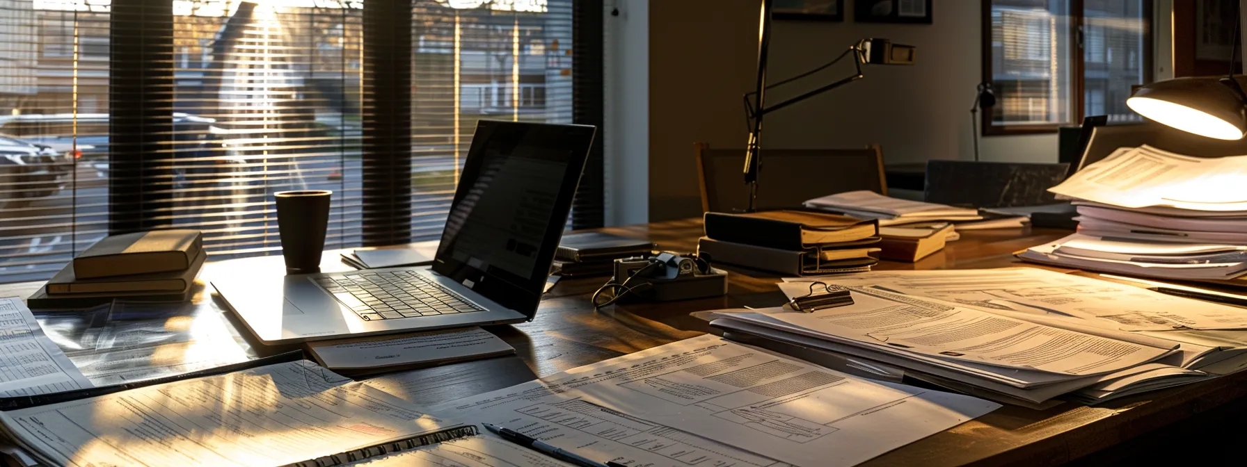 an authoritative office environment features a sleek desk cluttered with paperwork, a laptop displaying a guide on auto title bonding, and a focused professional engaged in reviewing documentation under bright overhead lighting.