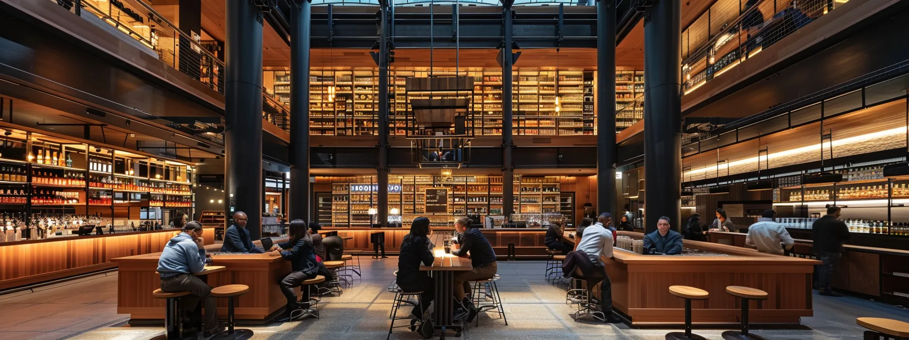 a bustling urban office environment showcases diverse industry professionals engaged in discussions about liquor license bonding requirements, with a prominently displayed compliance checklist and regulatory documents illuminated by sleek overhead lighting.