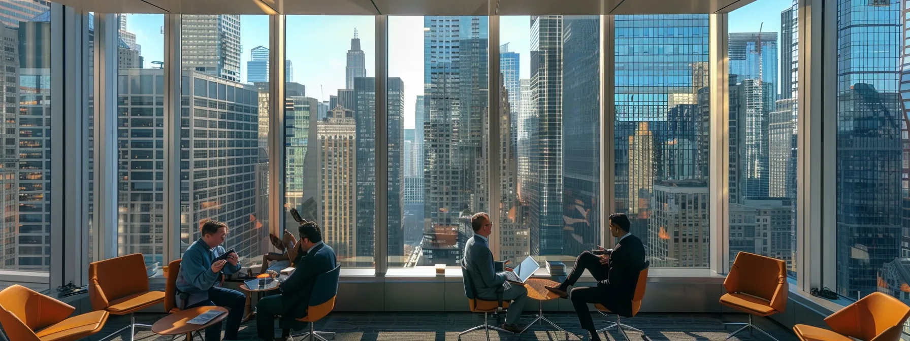 a dynamic urban office space showcasing a diverse group of professionals engaged in an animated discussion about collection agency bonds, with city skyscrapers visible through large windows, emphasizing the vital role of compliance in debt collection.