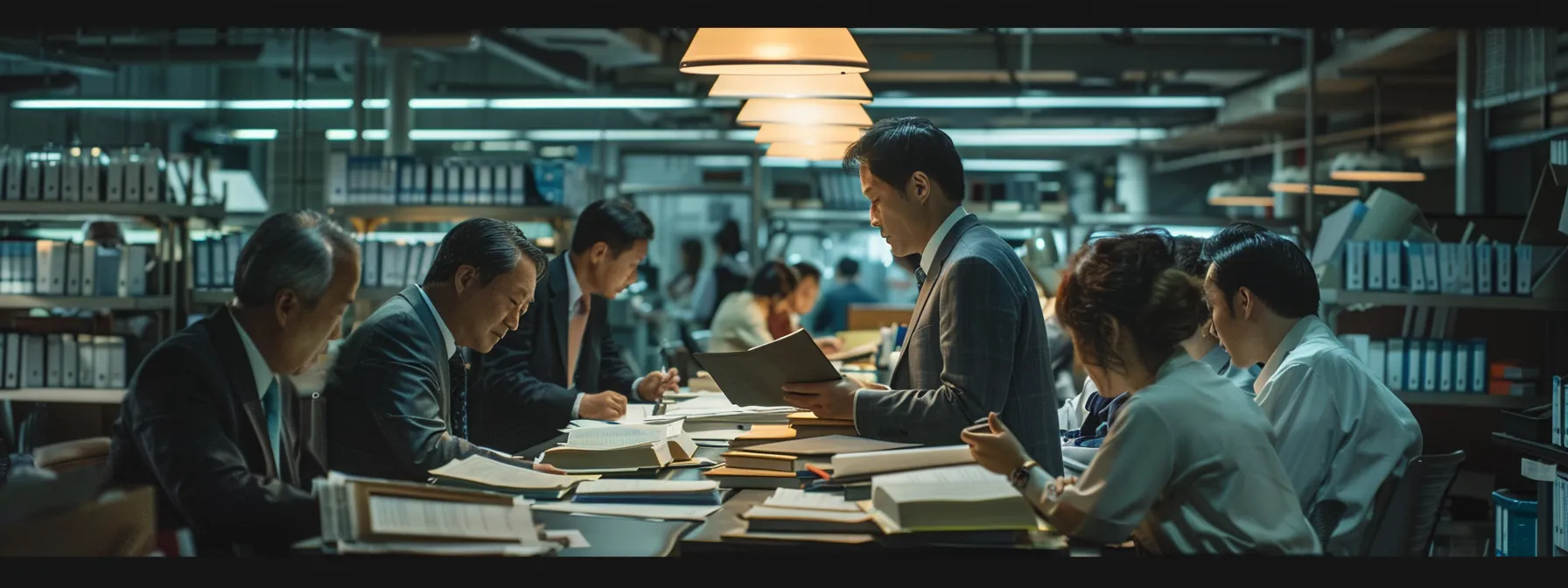 a focused office scene captures a diverse group of professionals gathered around a conference table, intently reviewing essential documentation and contracts, illuminated by soft overhead lighting, with business licenses and financial statements neatly organized in front of them.