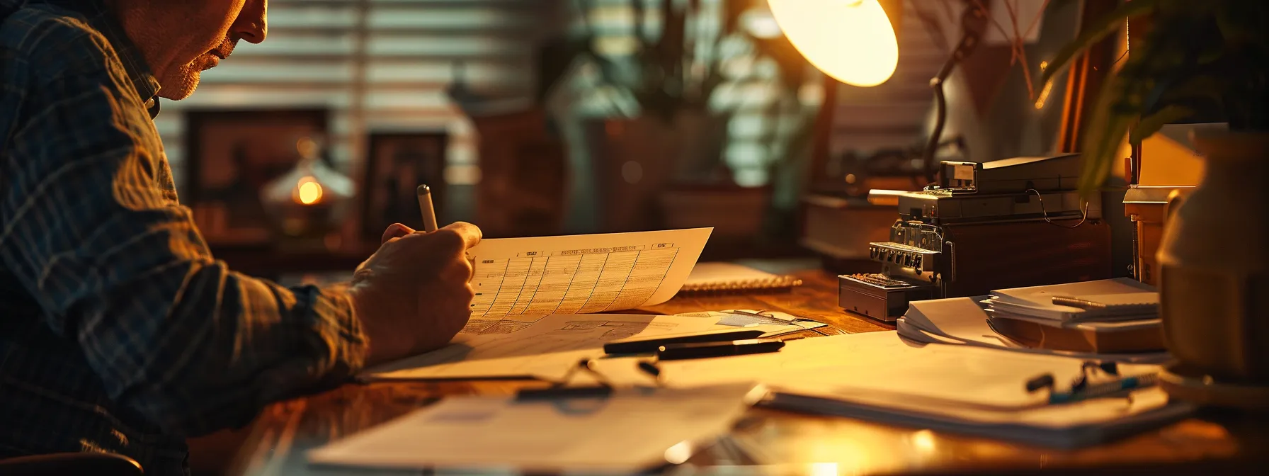 a focused office scene captures a neatly organized desk displaying an array of official documents, including a liquor permit application, a certificate of deposit, and sales records, all under the warm glow of task lighting, while a professional reviews the materials with a look of concentration.