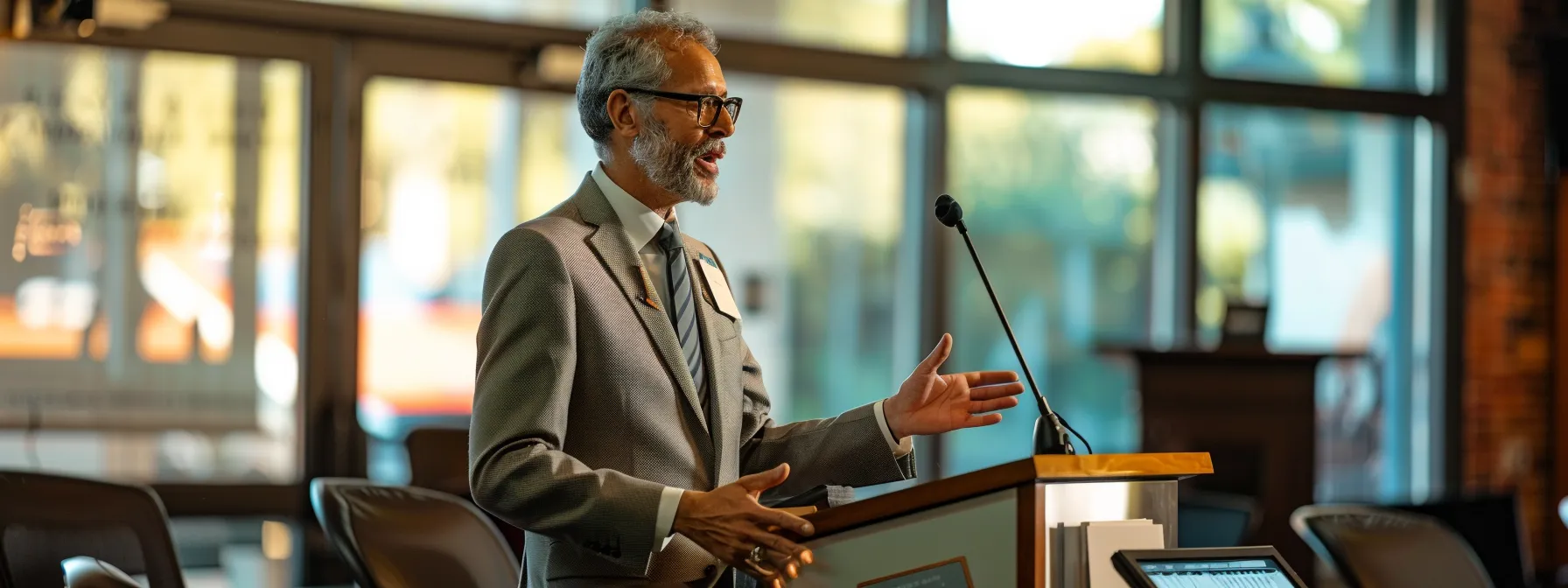 a focused office scene captures a confident auctioneer in a professional setting, discussing the importance of compliance with georgia auctioneer bonds, surrounded by legal documents, an auction podium, and a digital display of auction items.