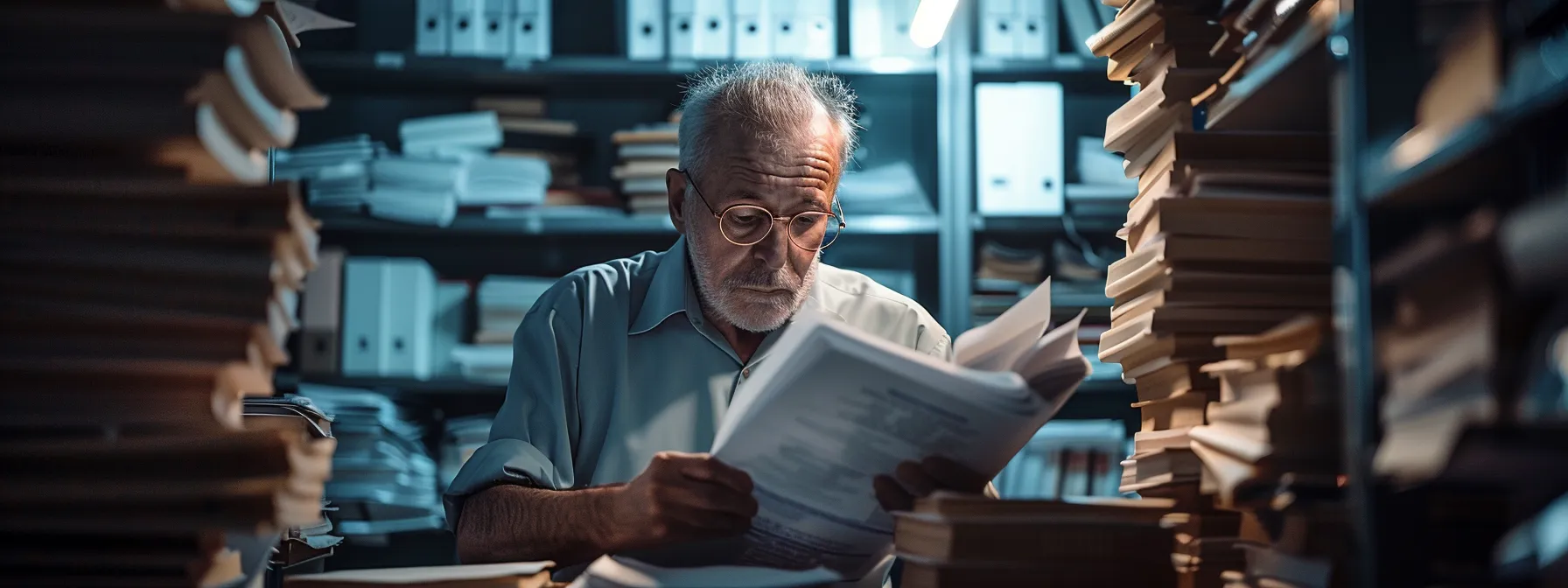 a focused office scene depicts a stern investigator intently reviewing detailed documentation under bright fluorescent lights, surrounded by stacks of regulatory papers and compliance records, emphasizing the meticulous nature of the florida private investigator bond application process.