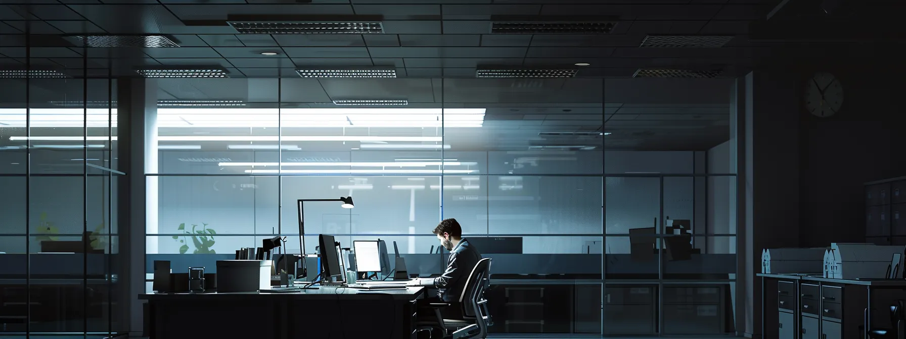 a focused office scene depicts a diligent contractor reviewing renewal documents and compliance regulations for water well bonds, illuminated by sharp overhead lighting that emphasizes the importance of maintaining licenses and operational stability in the backdrop of a modern workspace.