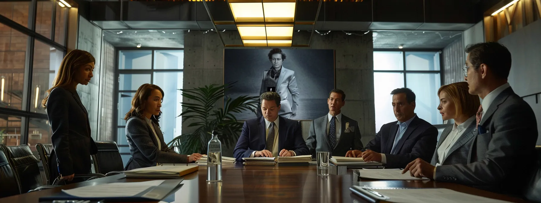 a focused office scene showcases a diverse group of professionals collaborating around a sleek conference table, meticulously reviewing financial documents and application forms for a private investigator bond, illuminated by bright overhead lighting that highlights the importance of accuracy and detail in their work.
