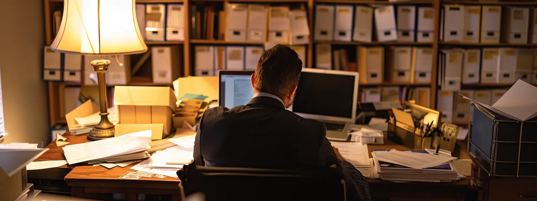 a focused office setting features a sharp-eyed private investigator reviewing documentation related to eligibility criteria for a bond application, surrounded by organized files and an open laptop displaying relevant data.