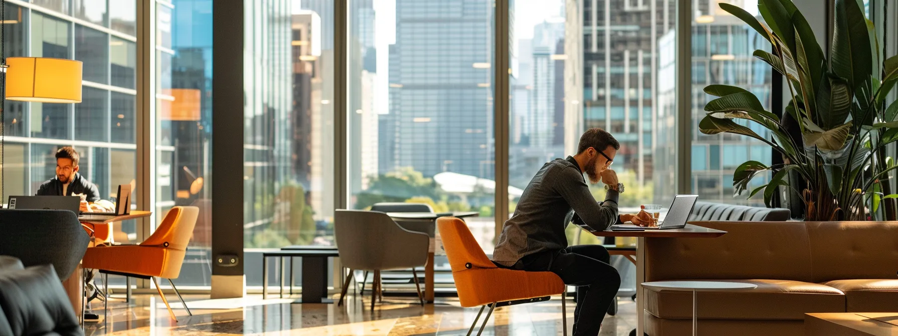 a focused office setting features a confident professional reviewing legal documents related to the non-intoxicating beer bond, with modern furniture and a glass wall showcasing a bustling urban skyline in the background.