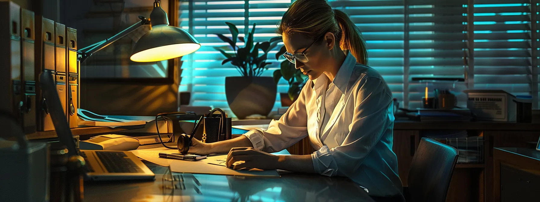 a focused office setting showcases a meticulous private investigator analyzing documents and regulatory compliance forms under bright, modern lighting, symbolizing the disciplined oversight required in managing private detective bonds in florida.