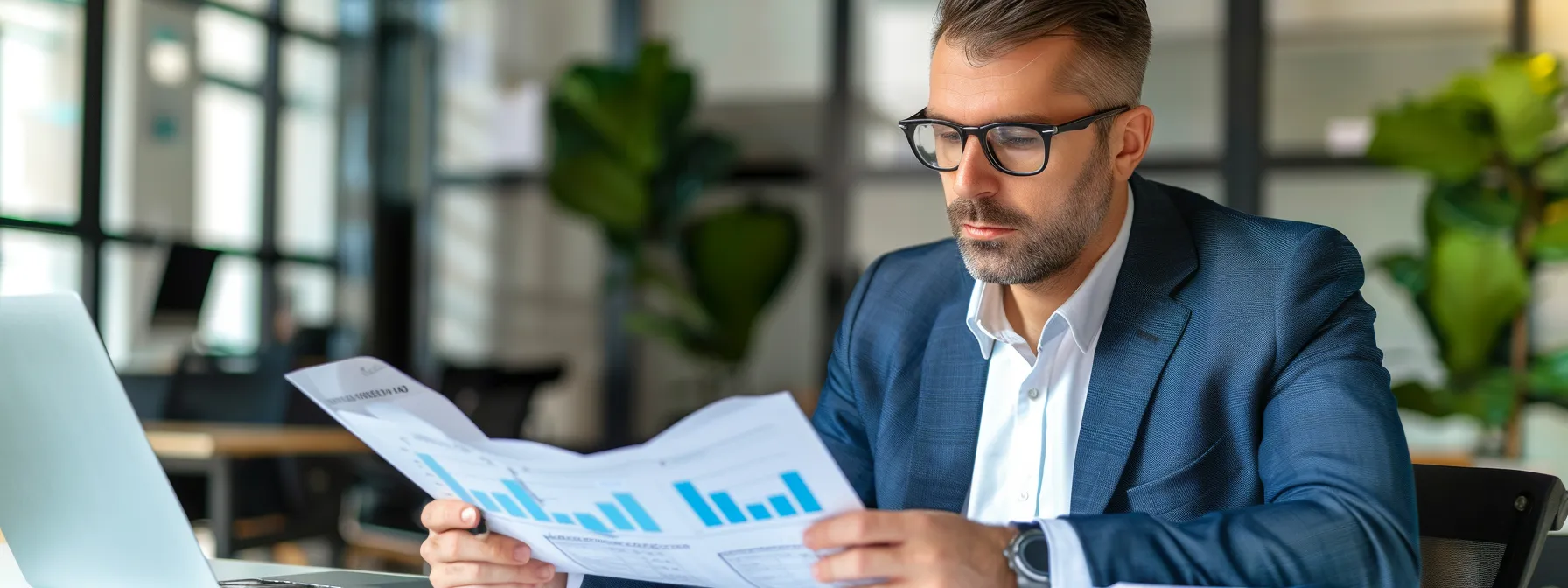 a modern office setting features a focused financial advisor reviewing documents related to non-intoxicating beer bonds on a sleek desk, with charts and industry guidelines displayed on a digital screen in the background, emphasizing the meticulous nature of business compliance in texas.