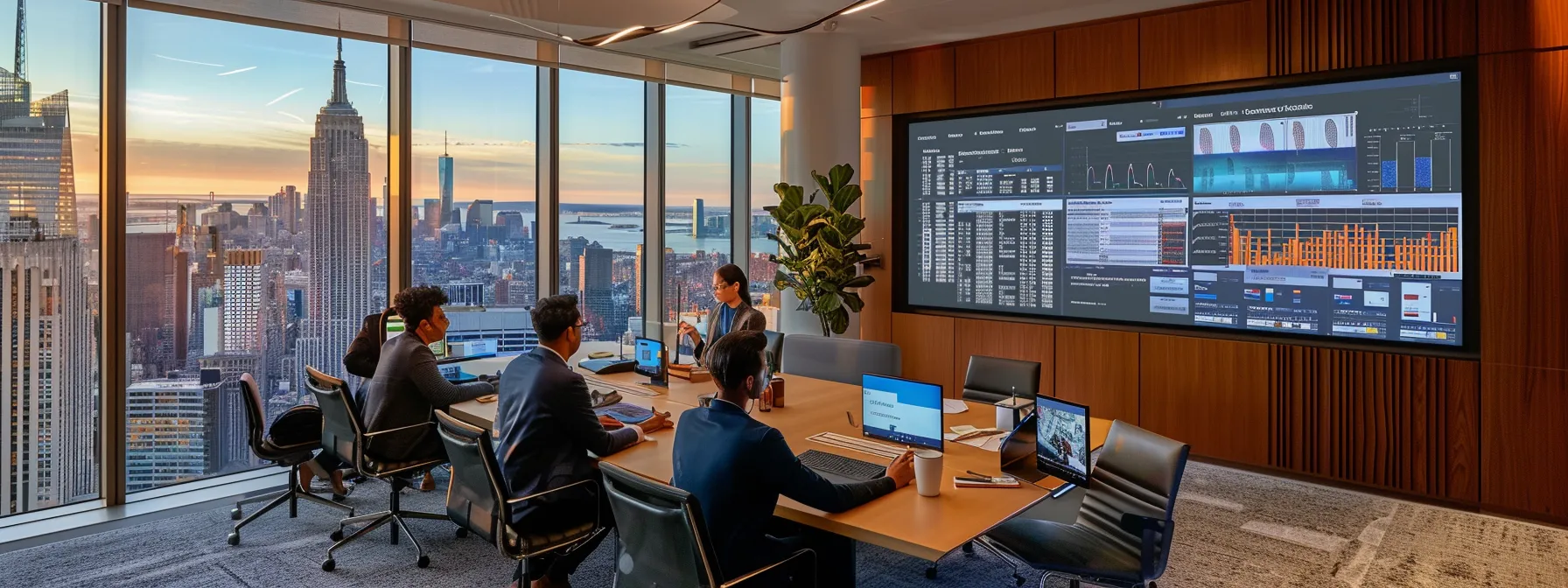 a modern office space filled with financial documents and charts, showcasing a focused group of professionals engaged in a strategic meeting about surety bond pricing, with a backdrop of a large window revealing a city skyline.