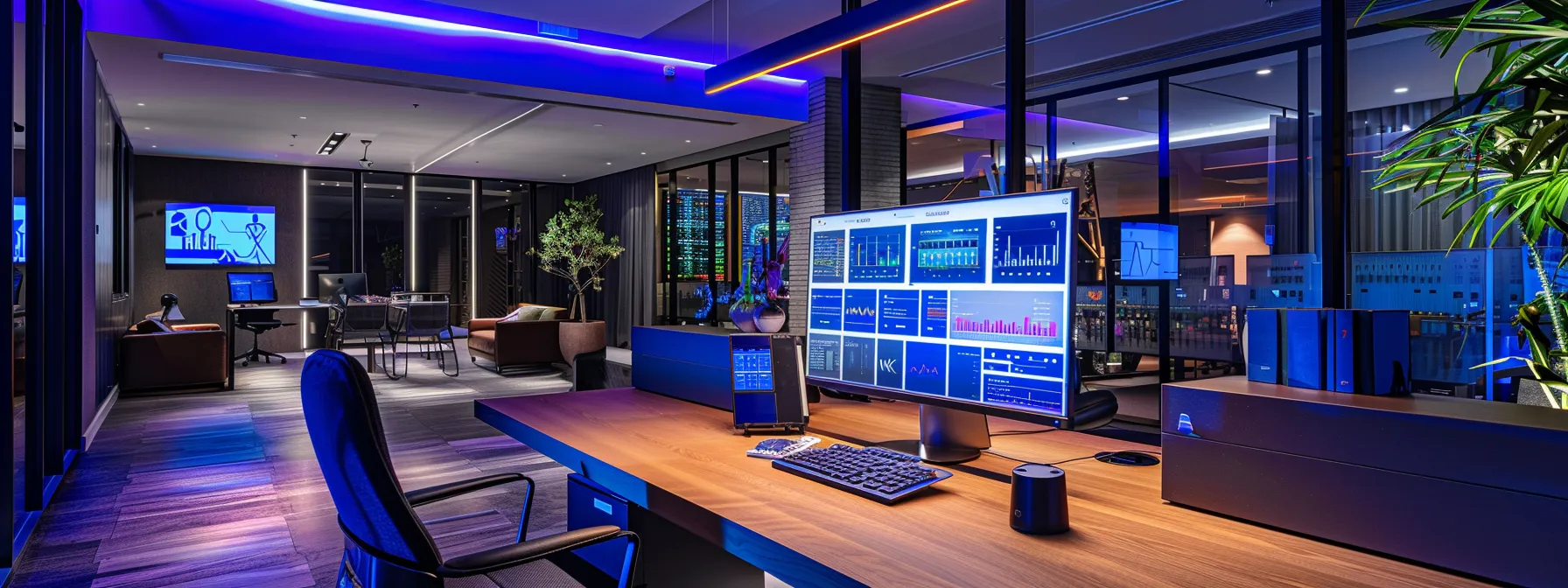 a modern office workspace features a computer screen displaying a sophisticated app interface for private investigators, with graphs and updates on surety bonds illuminated by vibrant led lighting, encapsulating a high-tech, efficient atmosphere for compliance and documentation.