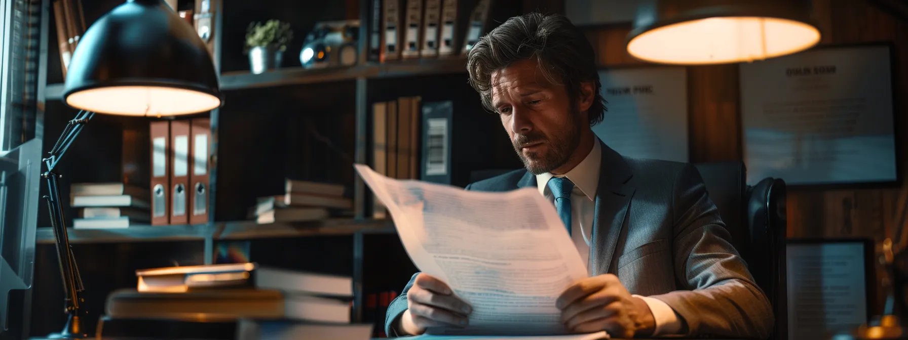 a polished office environment showcases a confident car dealer reviewing a comprehensive surety bond document, surrounded by framed certificates and regulatory compliance guidelines, highlighting the importance of dealer credibility and financial security in vehicle transactions.