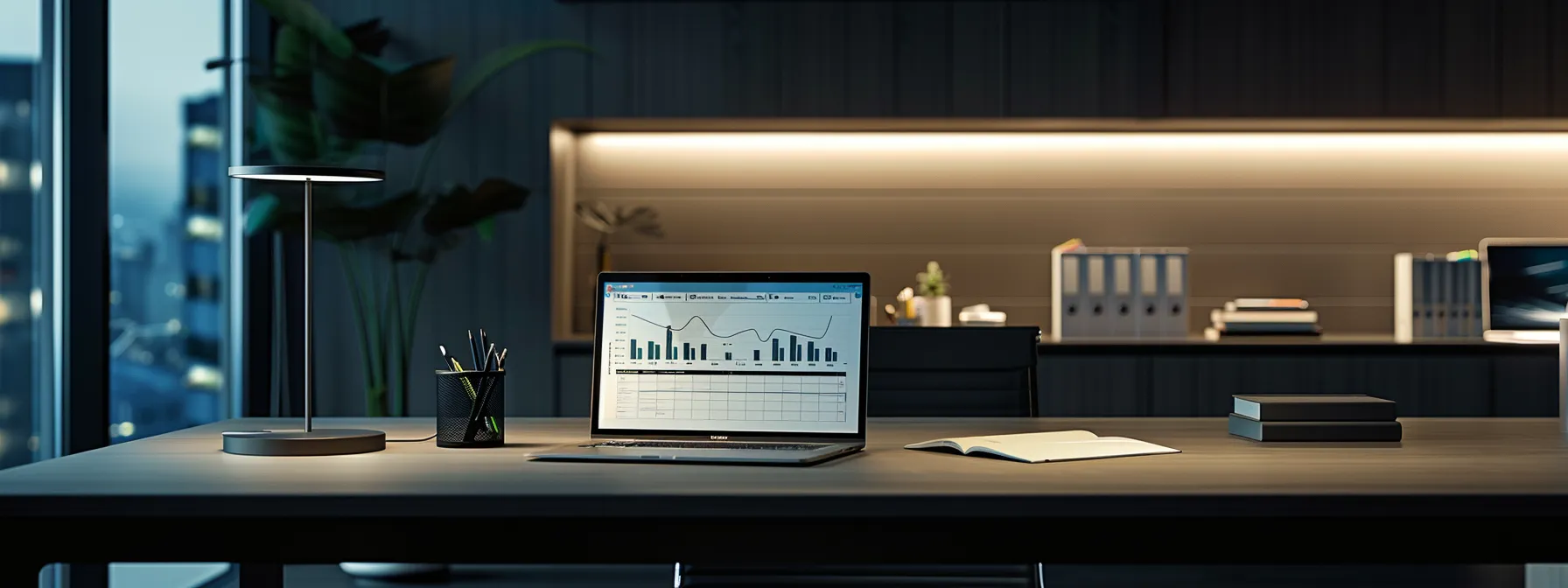 a polished office workspace, featuring a sleek desk with a laptop displaying a timeline chart and a notepad filled with notes, illuminated by focused task lighting, embodies the urgency and professionalism of navigating the bond application process.
