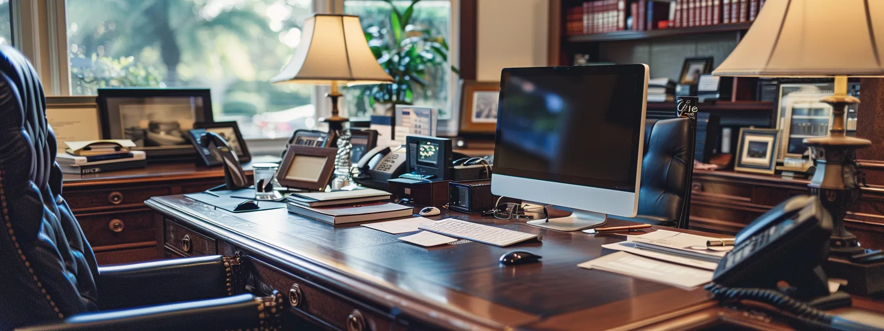 a professional office environment showcases a well-organized desk with documents and a computer screen displaying a texas dealer bond application process, emphasizing clarity and efficiency in the business of securing used dealer bonds.