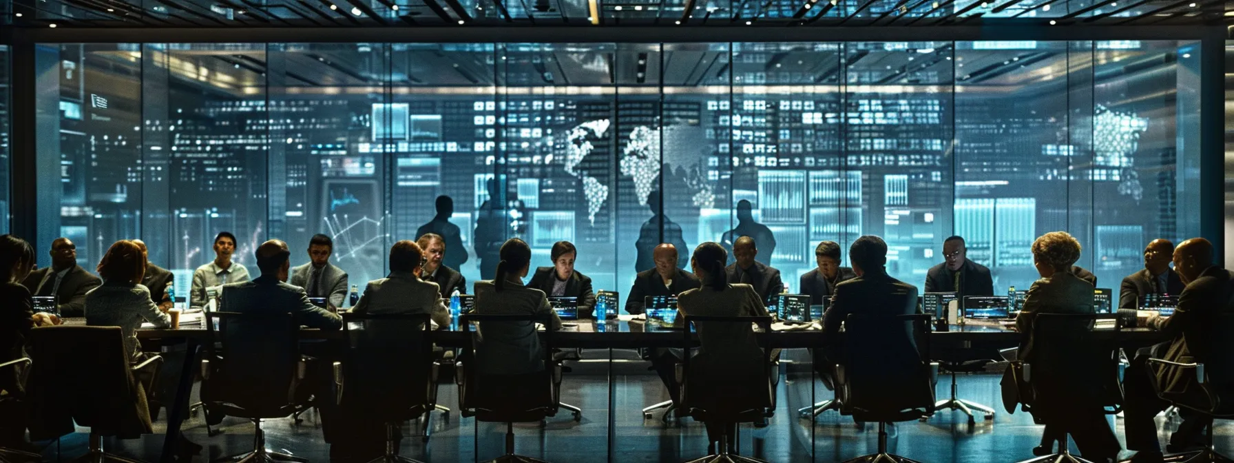 a professional office environment showcasing a diverse group of individuals engaged in a focused discussion around a large conference table, with documents and digital devices related to bond claims and cost evaluations spread out before them, emphasizing collaboration and problem-solving.