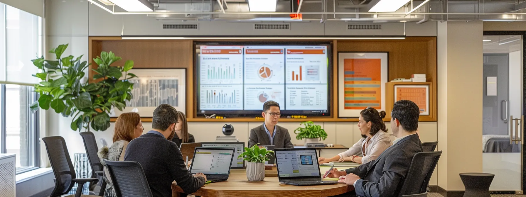 a professional office setting featuring a focused business meeting, with individuals analyzing a large digital display showcasing texas alcohol beverage bond cost structures and regulations, illuminated by modern overhead lighting.