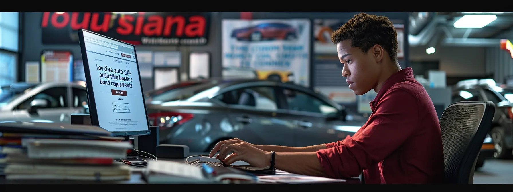 a professional office setting featuring a focused individual reviewing vehicle inspection records and insurance documents, with a large banner in the background highlighting 