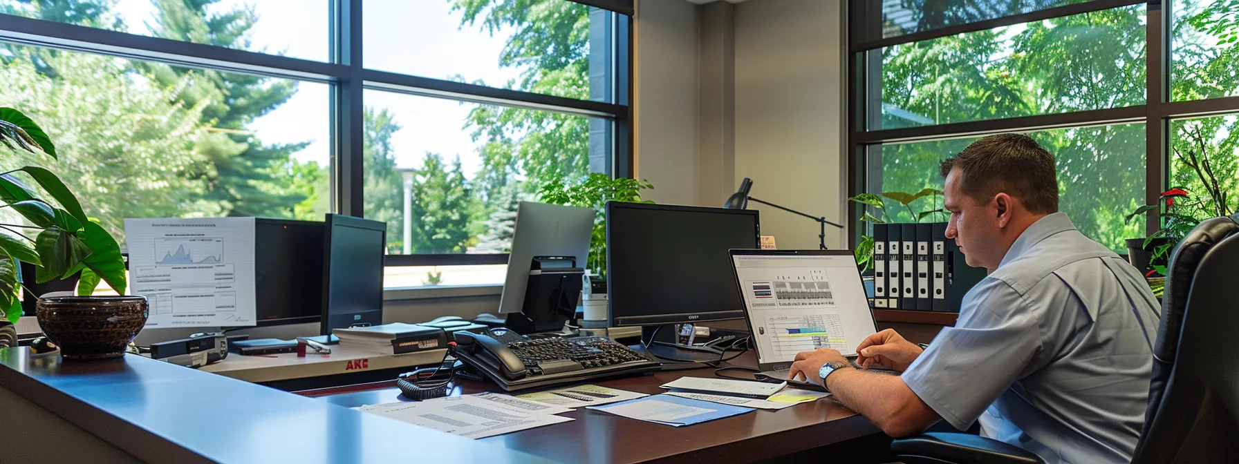 a professional office setting showcases a thoughtful contractor examining eligibility documents on a sleek desk, with water management schematics and insurance policy papers prominently displayed, emphasizing the technical proficiency required for securing a water well contractor bond.