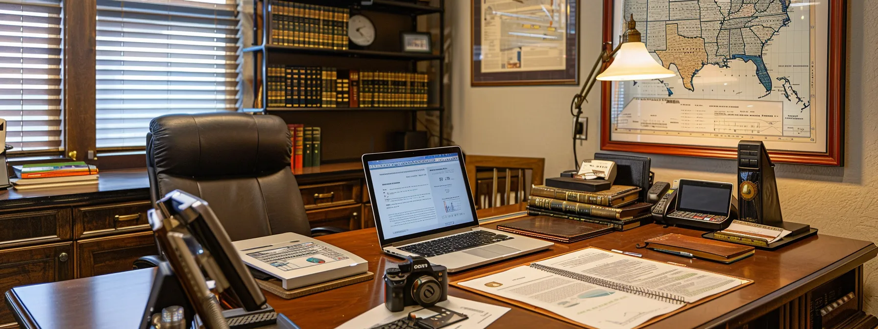 a professional office workspace features an organized desk with legal documents, a laptop displaying bond application forms, and a framed texas state map on the wall, symbolizing the meticulous process of understanding texas beer bond requirements.
