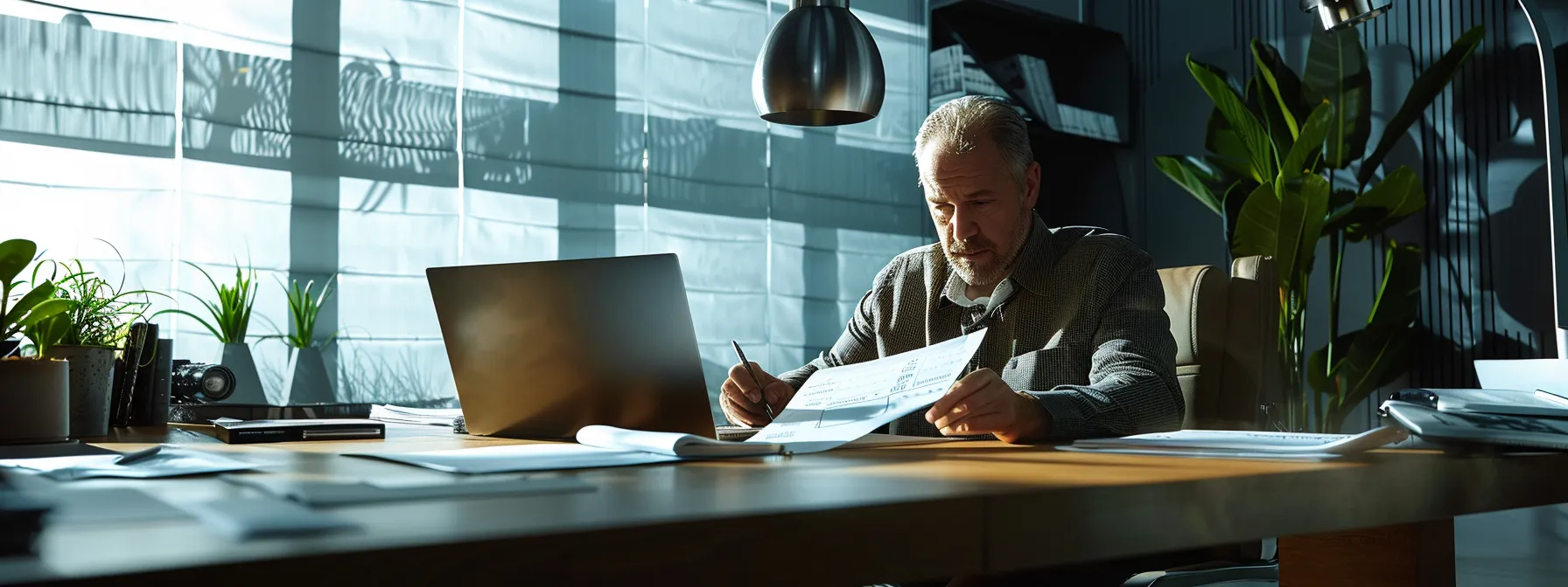 a sharp, focused image of a professional in a sleek office environment, intently reviewing a formal water well contractor bond application on a modern desk, with legal documents and a laptop prominently displayed, conveying a sense of diligence and regulatory compliance.