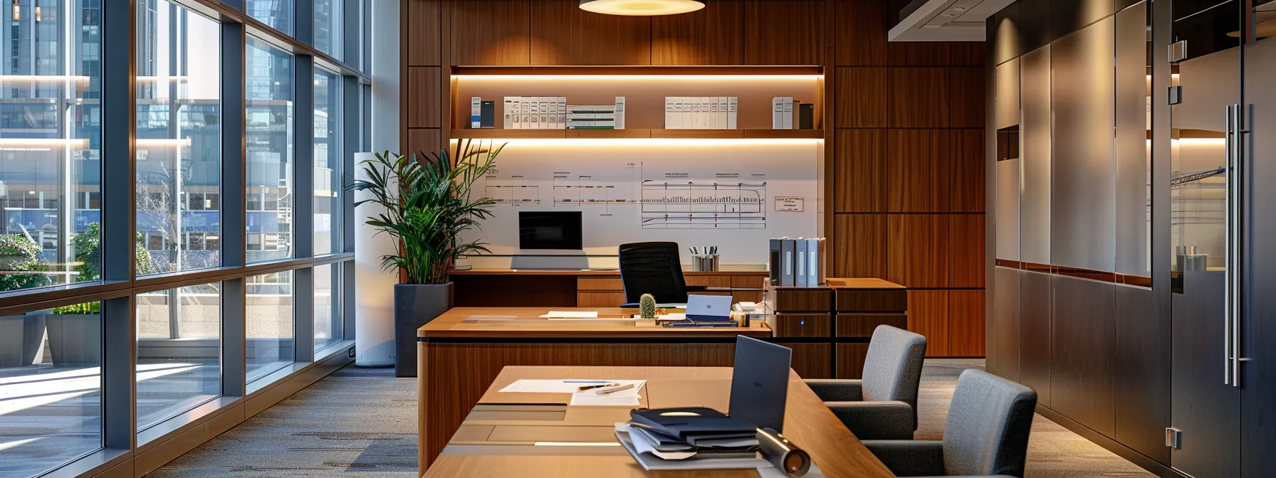 a sharply focused office setting features a sleek desk with organized financial documents, a laptop displaying a bond application interface, and a professional consultant offering guidance, all illuminated by bright overhead lighting to emphasize the importance of effective preparation in navigating the bond application process.