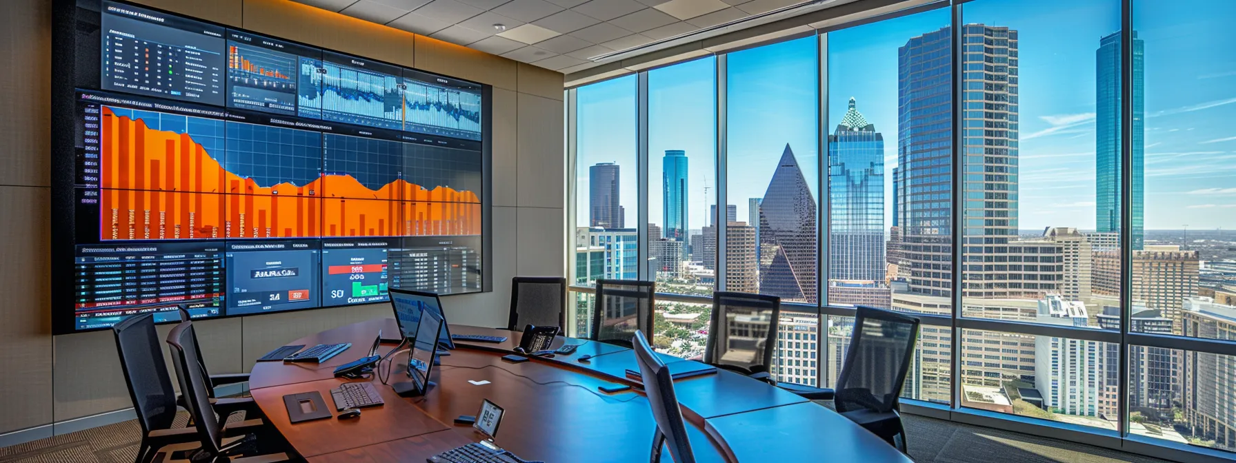 a sleek, contemporary office space featuring a large conference table with financial reports and charts on screen, highlighting a discussion on liquor bond rates in texas, with a backdrop of the city skyline visible through floor-to-ceiling windows.