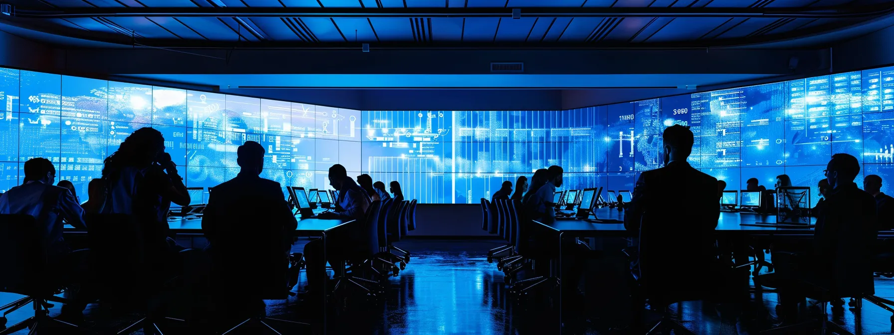 a sleek, modern office conference room filled with professionals engaged in a dynamic discussion, with a large screen displaying key data on bond approval processes, emphasizing the importance of surety companies in enhancing client confidence and decision-making.