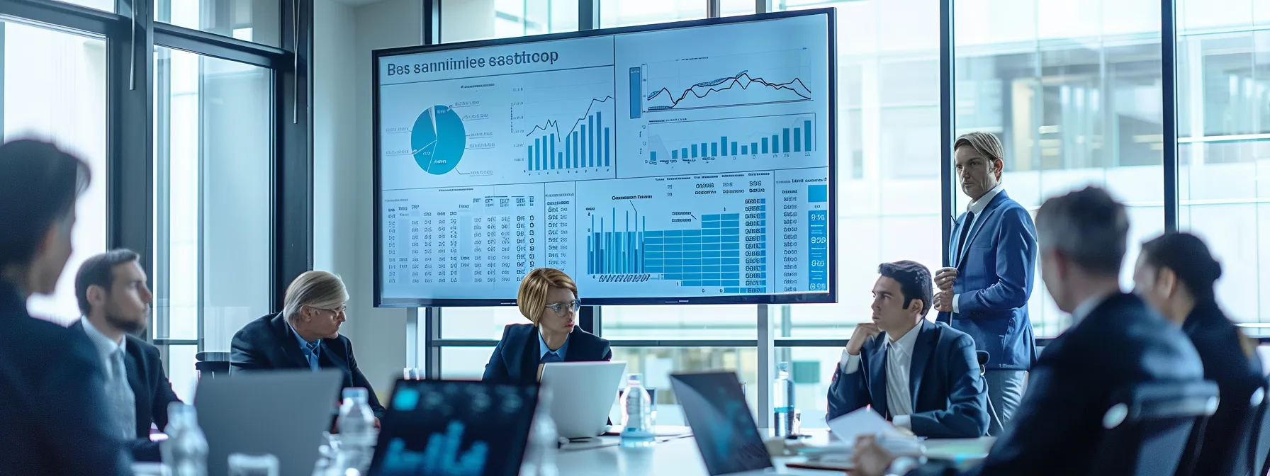 a sleek, modern office environment features a prominent display board showcasing a colorful infographic detailing the breakdown of beverage permit pricing in texas, with professionals engaged in discussion around a central table filled with reports and charts.