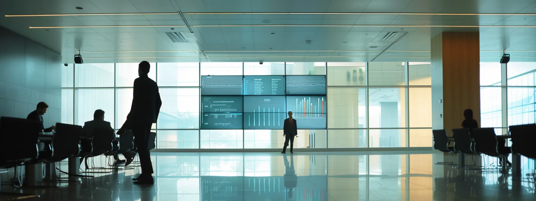 a sleek, modern office environment featuring a large digital display board showcasing graphs and charts of beverage bond rates across texas regions, with focused professionals engaged in strategic discussions over polished conference tables.