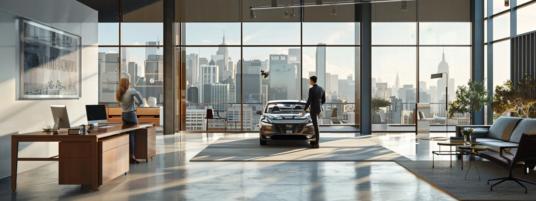 a sleek, modern office environment showcases a focused professional reviewing detailed financial documents and compliance regulations for a used car dealer bond application, with a backdrop of city skyline through large windows, emphasizing the urgency and precision of the bonding process.