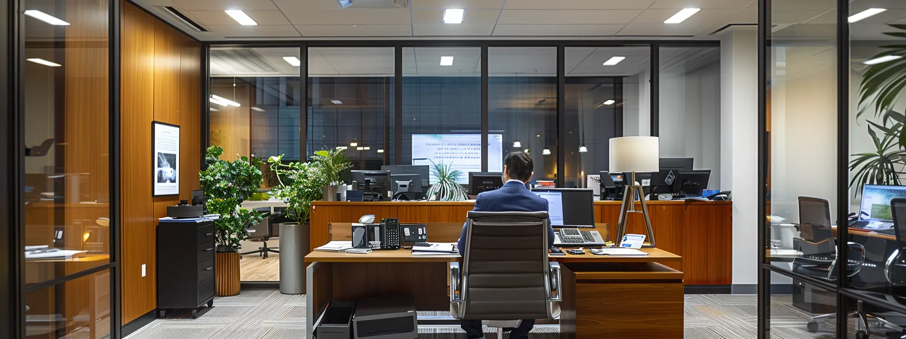a sleek, modern office environment showcases a focused professional reviewing georgia auctioneer bond regulations on a digital device, illuminated by warm artificial lighting that enhances the clarity of detailed documents and visual aids on the desk.