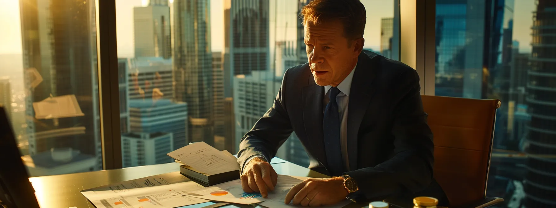 a sleek, modern office environment features a confident private investigator discussing bond applications, surrounded by financial documents and charts, with cityscape views through large windows illustrating the professional atmosphere of florida's investigative industry.