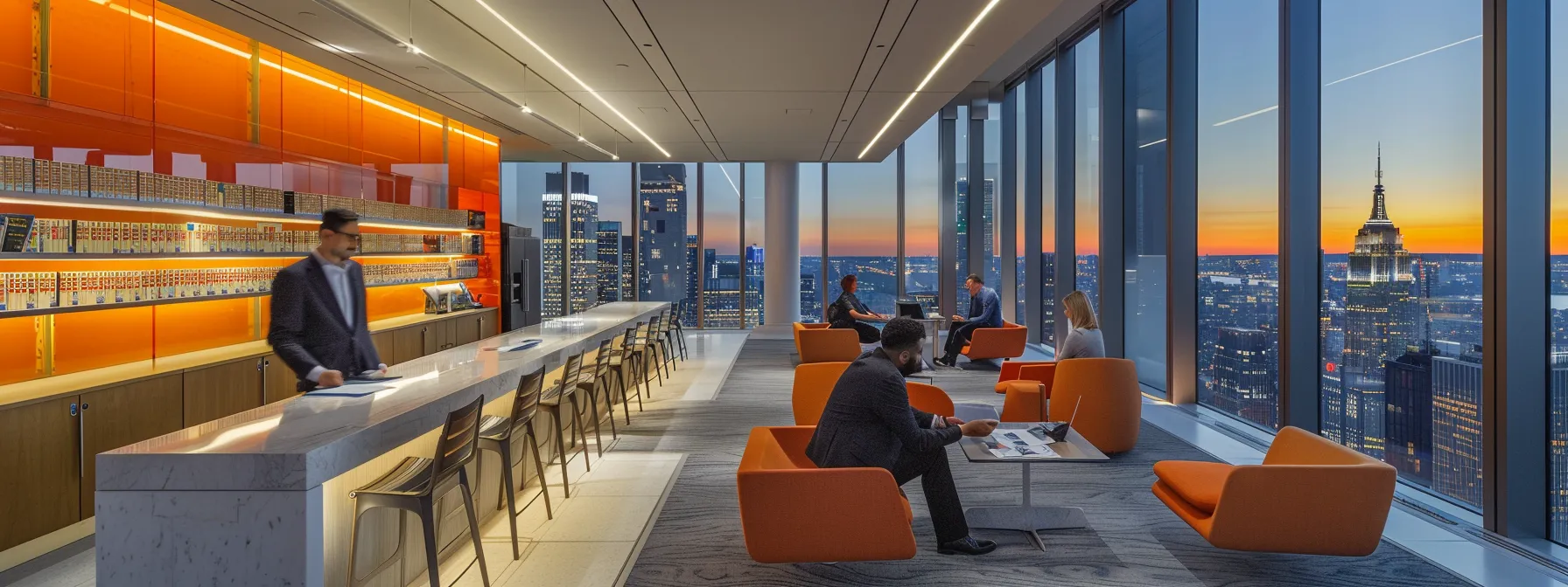 a sleek, modern office environment features a prominent display of legal documents related to beverage permits and bonds, with an attentive professional analyzing compliance regulations amidst a backdrop of city skyline windows.