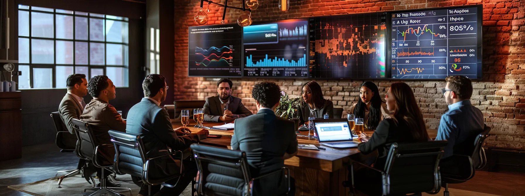 a sleek, modern office setting features a diverse group of professionals engaged in a focused discussion around a stylish conference table, with documents and digital screens displaying graphs related to texas non-intoxicating beer bonds prominently in view.