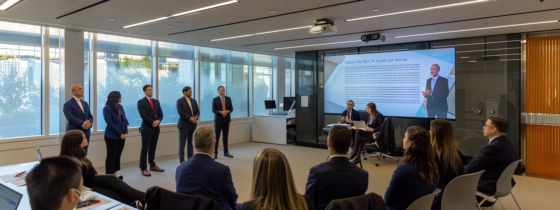 a sleek, modern office setting showcasing a diverse group of professionals engaged in a discussion about various auctioneer bonds, with documents and a digital screen displaying bond types and compliance standards in the background.