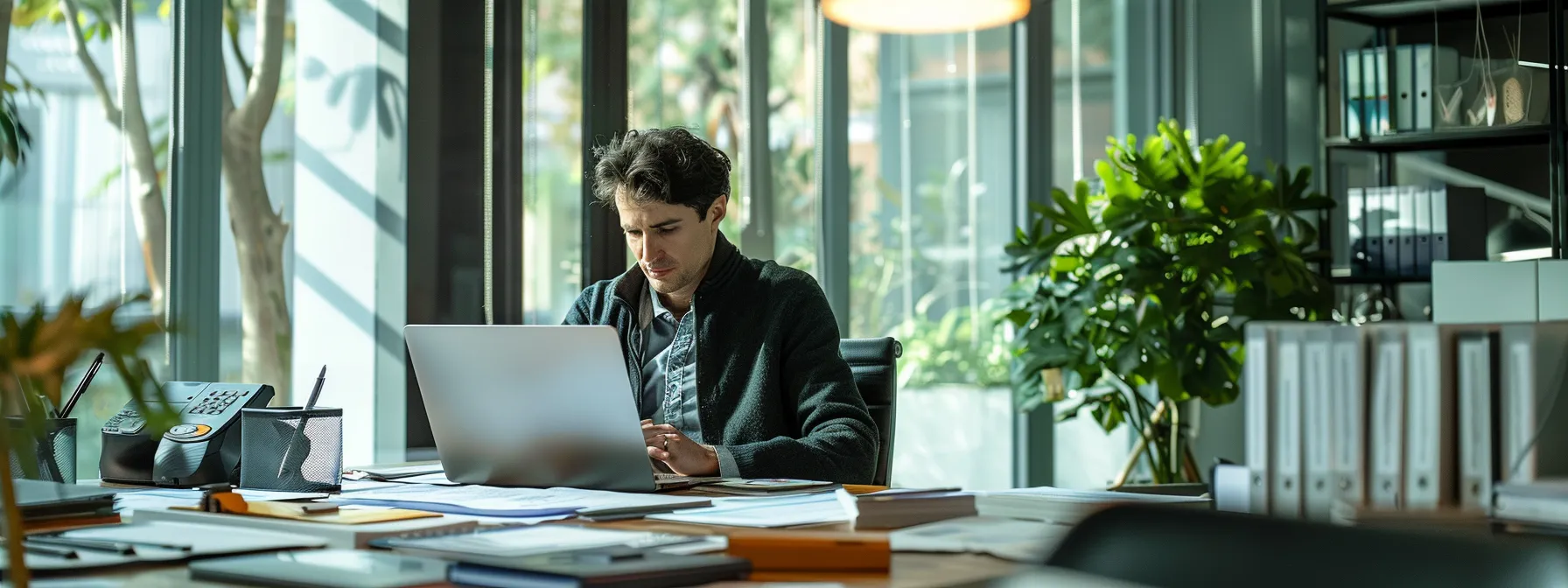 a sleek, modern office setting showcases a confident individual seated at a desk, surrounded by financial documents and an auto title bond agreement, with a focused expression as they review their credit history on a laptop screen.